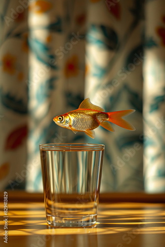 Fish Jumping from a Clear Glass in a Vibrant Setting