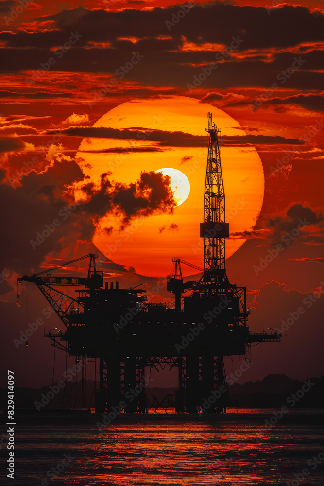 Obraz premium Dramatic Silhouette of an Oil Drilling Platform Against a Fiery Sunset