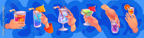 Hands with cocktail glasses isolated on blue background. Vector cartoon illustration of peoples fingers holding glass cups with alcohol drinks, fruit juice, cold mint and berry beverages, party guests