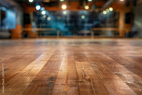 Wallpaper Mural A wooden dance floor in the foreground with a blurred background of a dance studio. The background includes mirrors covering the walls. Torontodigital.ca
