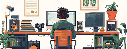 flat illustration of a you tuber sitting at his desk photo