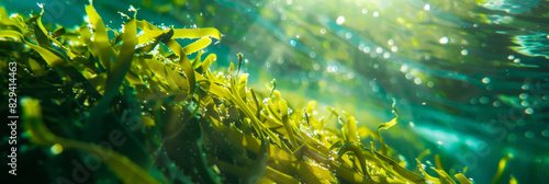 Dense Cluster of Green Seaweed Swaying in Sunlit Underwater Scene