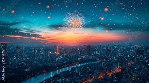 A photograph showcasing a grand fireworks display above an illuminated urban landscape at night created with Generative AI technology © Robert Herhold