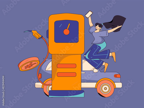 Vector Internet operation hand-drawn illustration of people getting discounts for refueling their cars
