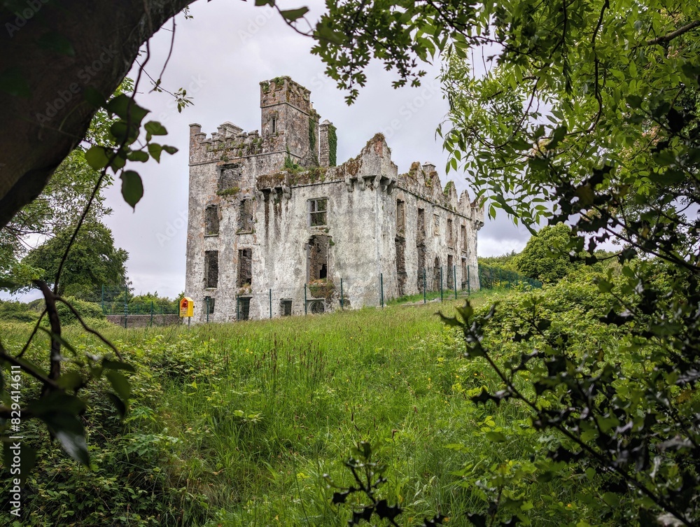 Beautiful scenery of Menlo Castle 16th century ruin by the River Corrib in Galway, Ireland, historic architecture