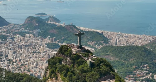 Aerial panorama of Rio de Janeiro, wide angle city view, Sugarloaf Mountain and Guanabara Bay, Brazil