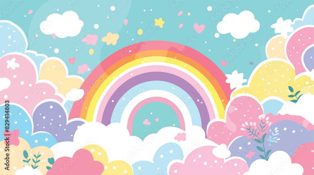 Rainbow in clouds. Spring happiness symbol. Magic con