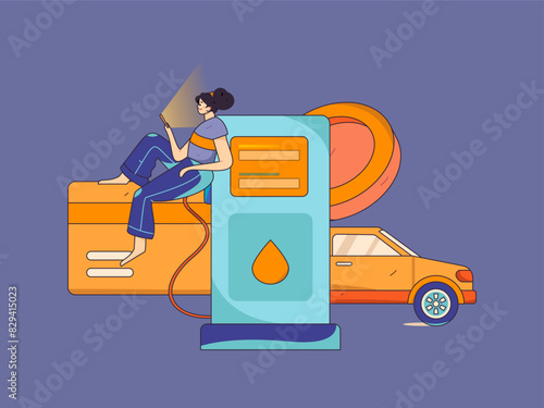 Vector Internet operation hand-drawn illustration of people getting discounts for refueling their cars
