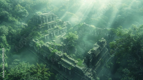 Close-up of ancient ruins bathed in sunlight, surrounded by a lush, mystical forest, capturing the serene and magical atmosphere photo