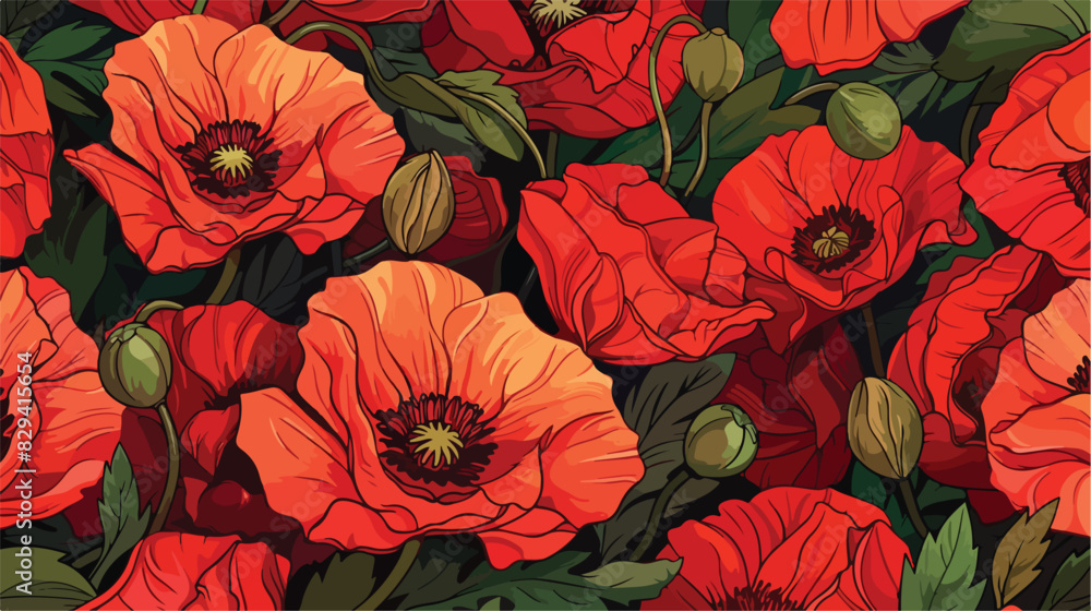 Red Poppies Pattern. Floral illustration Cartoon vector