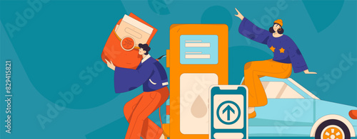 Vector Internet operation hand-drawn illustration of people getting discounts for refueling their cars
