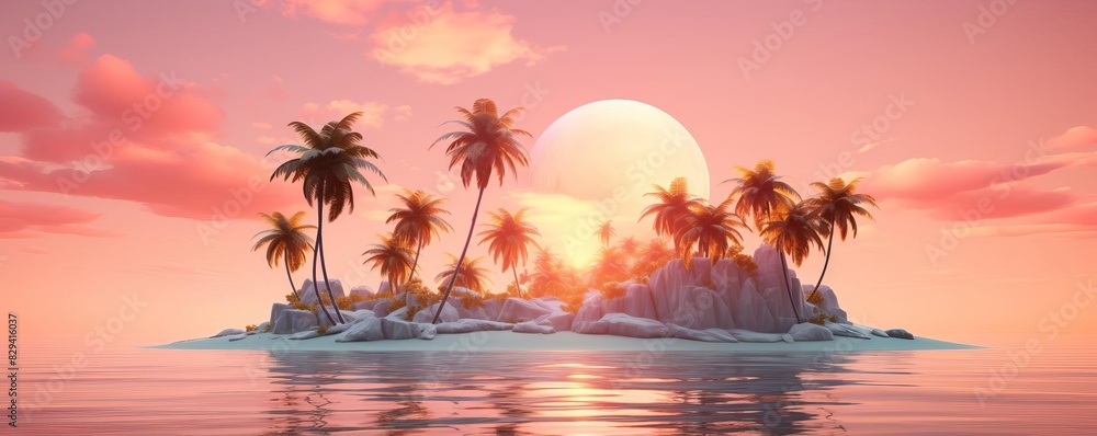3D rendering of a minimalistic tropical island with palm trees and the sun in the background, using simple pastel colors of yellow, orange, and pink