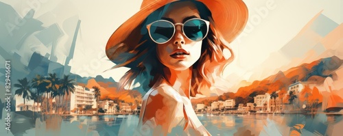 double exposure collage of a beautiful woman in sunglasses and a hat with a beach town in the background