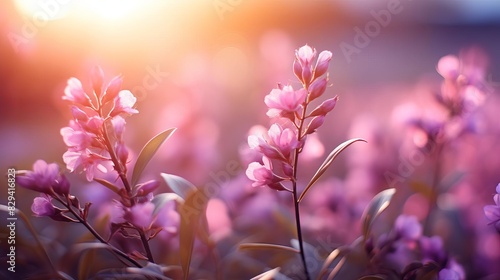 Pink berries and purple flowers in the sunlight Beautiful background with pink foliage of heather or eucalyptus photo