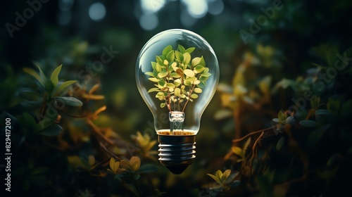 Eco bulb from leaves, aerial shot, renewable energy symbol, sustainable lifestyle photo