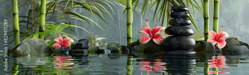 States of mind, meditation, feng shui, relaxation, nature, zen concept. Bamboo, rocks and water