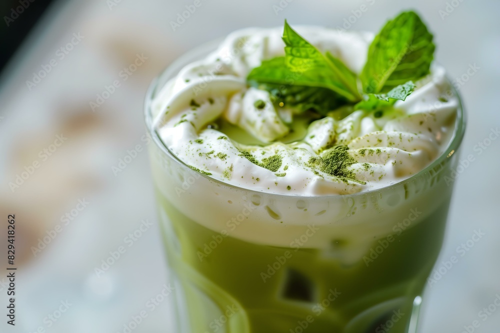 iced matcha latte with frothy top and mint leaves garnish iced matcha latte with frothy top and mint leaves garnish