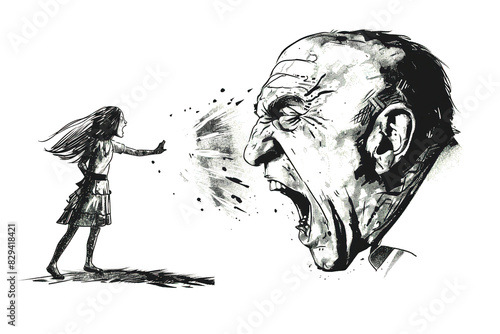 Illustration of a brave young girl confronting a fierce and imposing elderly man in black and white artwork