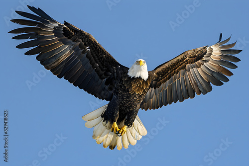 Majestic Bald Eagle Soaring Through Clear Blue Sky with Wings Fully Spread