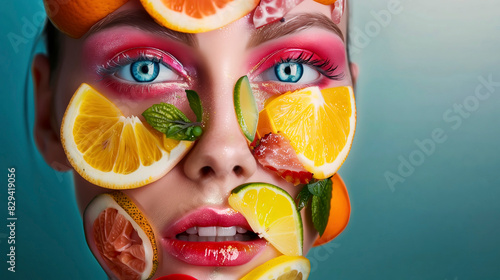Woman's face adorned with fresh citrus slices and vibrant makeup in a closeup shot against a blue backdrop