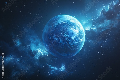 Illustration of the blue planet is visible on the background  high quality  high resolution
