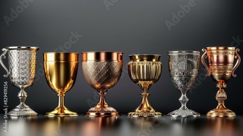 A collection of six ornate goblets in various styles and materials, displayed in a row against a dark background. photo