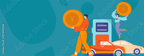 Vector Internet operation hand-drawn illustration of people getting discounts for refueling their cars
