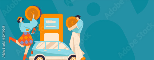 Vector Internet operation hand-drawn illustration of people getting discounts for refueling their cars
