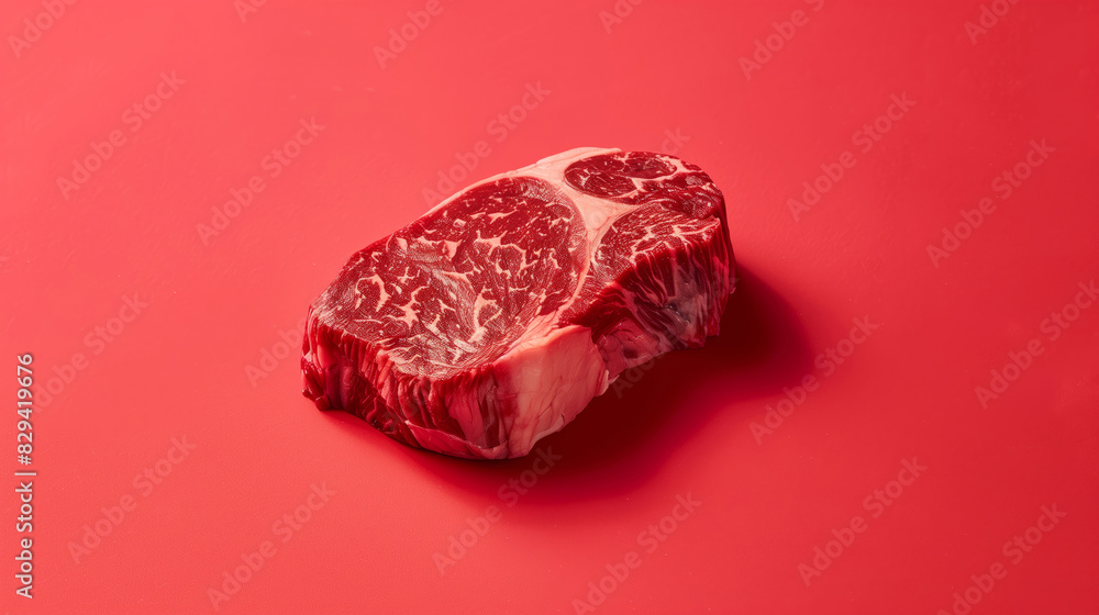 A single piece of Wagyu beef steak, raw and marbled, isolated on red background A single piece of Wagyu beef steak, raw and marbled, isolated on red background