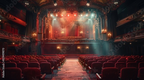 A theater stage captured from the balcony shows the grand, empty space with intricate architectural details and rows of plush red seats leading up to the stage, highlighting the theater's grandeur. © Lucianastudio