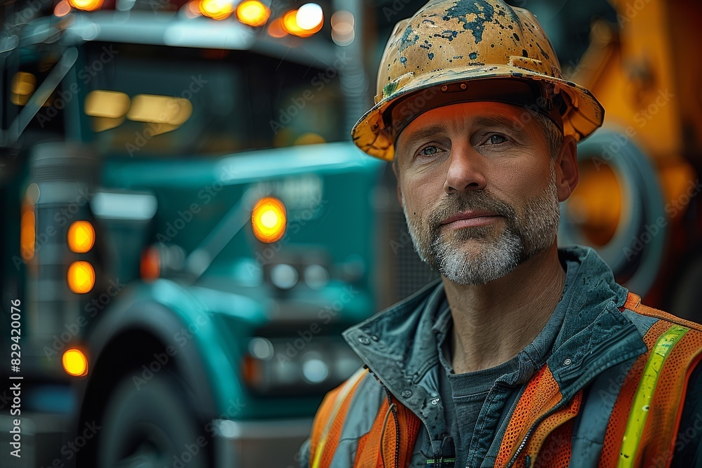 A striking and empowering photograph of garbage truck driver in full body. created with Generative AI technology A striking and empowering photograph of garbage truck driver in full body. created with Generative AI technology