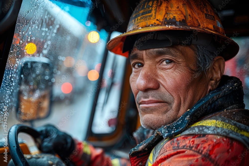 A striking and empowering photograph of garbage truck driver in full body. created with Generative AI technology A striking and empowering photograph of garbage truck driver in full body. created with Generative AI technology