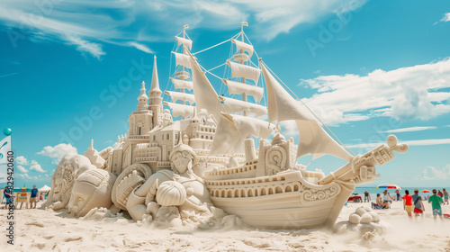 A giant sand sculpture festival on a sunny beach, with realistic, life-sized creations of famous landmarks 