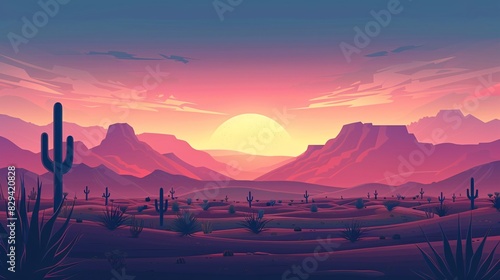 Illustration of sunset desert landscape. view with mountains and cactus in flat style. AI Generative © AriyaniAI
