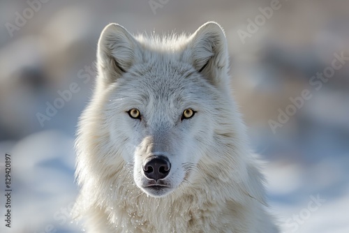 The white wolf stares at the camera, high quality, high resolution