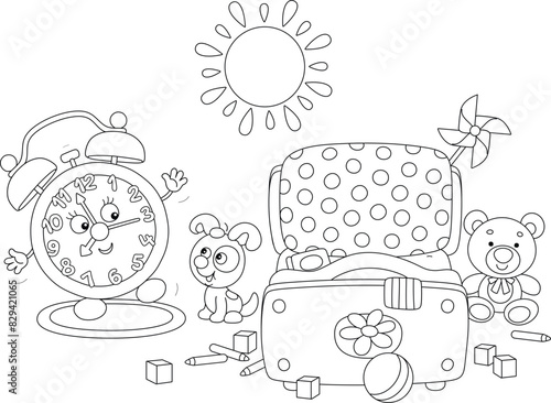 Funny alarm clock cartoon character and a little puppy doing morning exercises on a carpet in a bedroom with scattered toys, black and white vector cartoon illustration for a coloring book