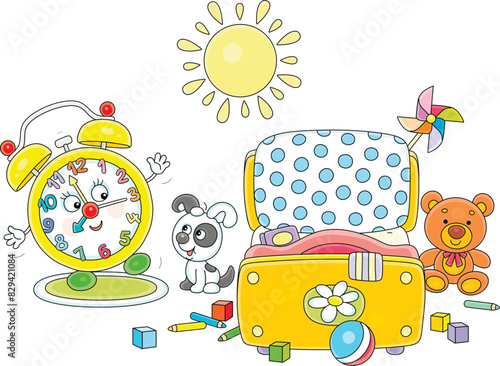 Funny alarm clock cartoon character and a little puppy doing morning exercises on a carpet in a bedroom with scattered toys, vector illustration isolated on a white background