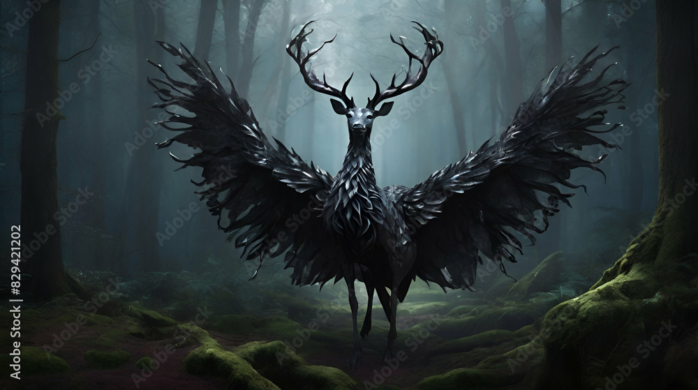 Fototapeta premium In the depths of a dark forest, a majestic creature exudes an air of elegance and grace, angel wings on black background