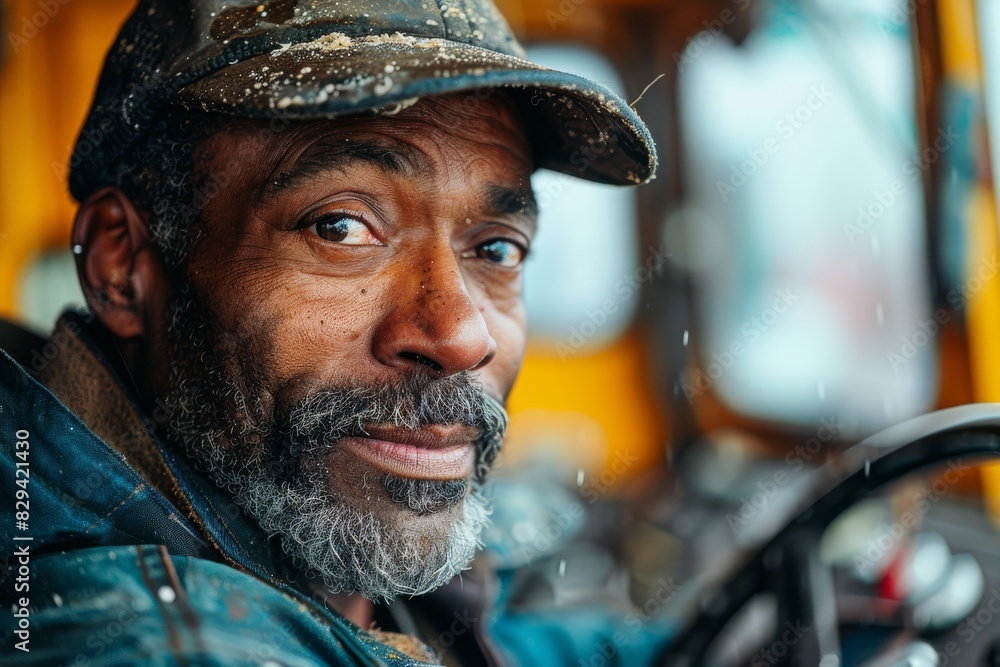 A striking and empowering photograph of garbage truck driver in full body. created with Generative AI technology A striking and empowering photograph of garbage truck driver in full body. created with Generative AI technology