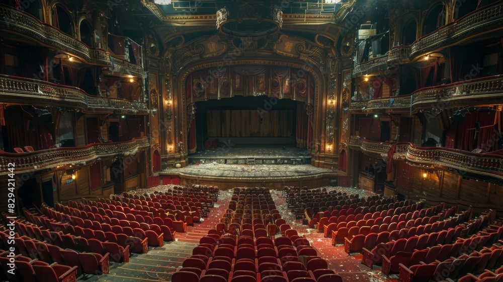 Naklejka premium A theater stage captured from the balcony shows the grand, empty space with intricate architectural details and rows of plush red seats leading up to the stage, highlighting the theater's grandeur.