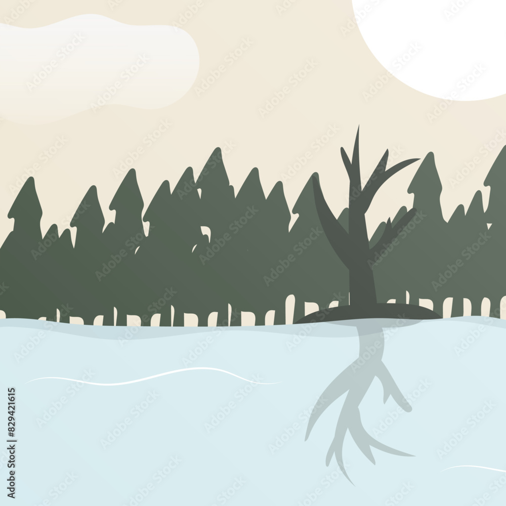 background of beautiful calm lake in the afternoon with dead trees flat vector art background of beautiful calm lake in the afternoon with dead trees flat vector art