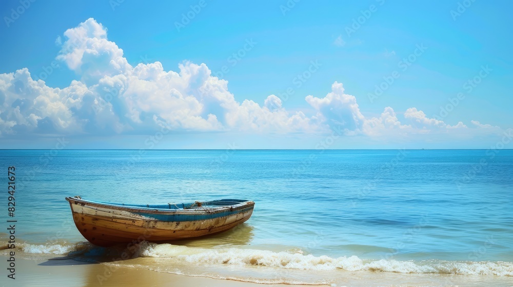 Beautiful boat on the serene blue ocean by the beach Beautiful boat on the serene blue ocean by the beach