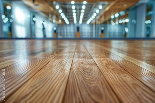 A wooden dance floor in the foreground with a blurred background of a dance studio. The background includes mirrors covering the walls. © grey