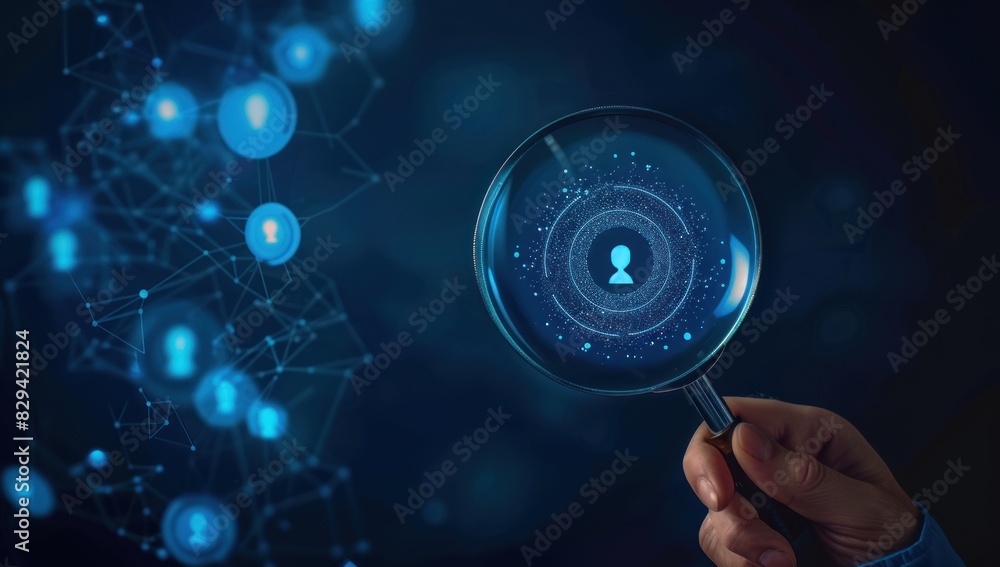 Businessman holding magnifying glass with customer icons. Target audience and market research concept. Businessman holding magnifying glass with customer icons. Target audience and market research concept.