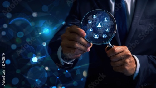 Businessman using magnifying glass to find customer icons. Concept of target audience and market research.