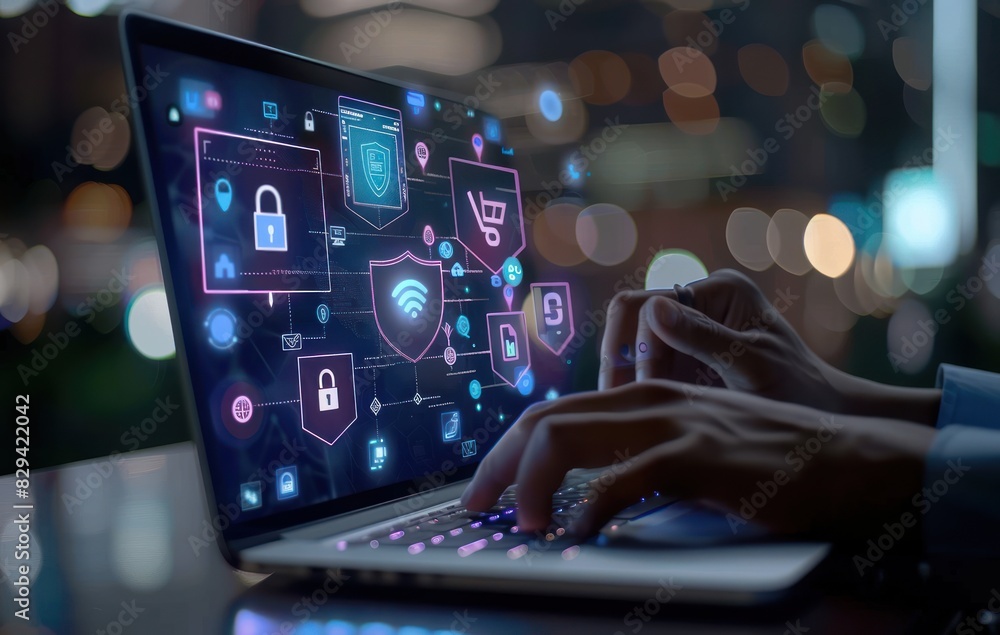Man using laptop with floating security icons. Concept of digital privacy and online protection. Man using laptop with floating security icons. Concept of digital privacy and online protection.