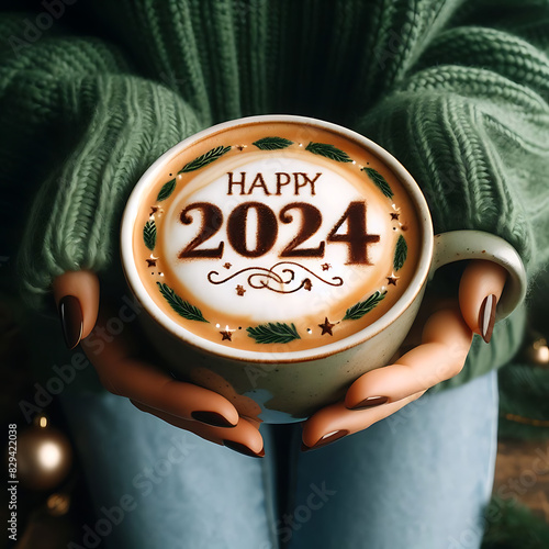 New year 2024 celebrated coffee cup with number 2024 on frothy surface of cappuccino in coffee cup