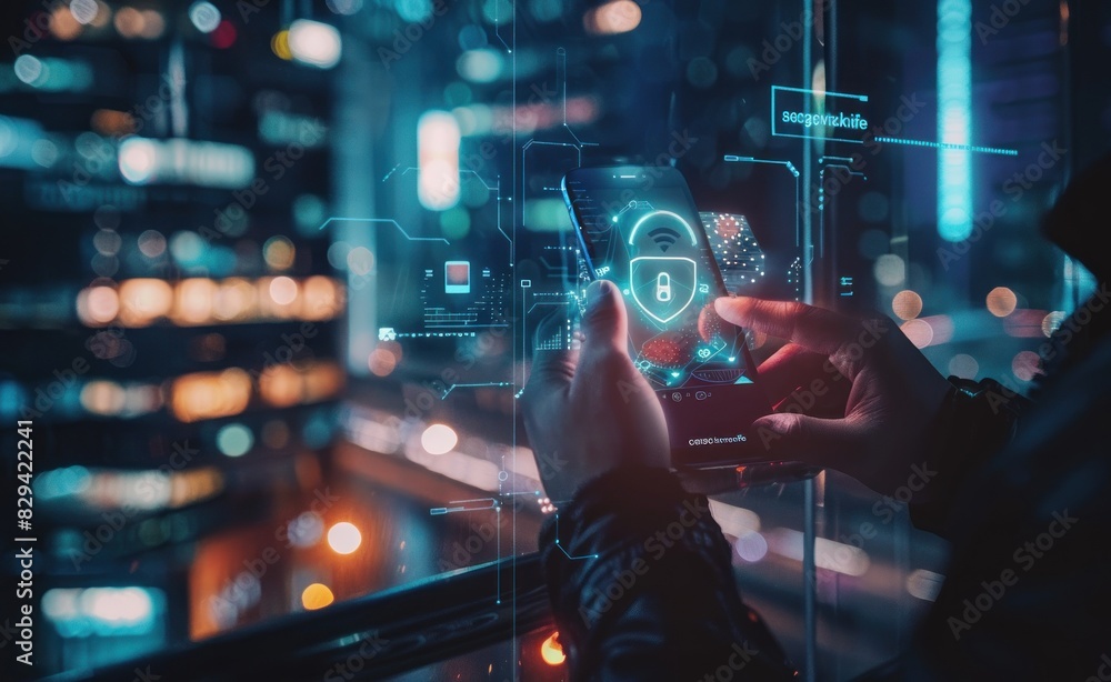 Man using smartphone to enhance security and online safety. Concept of digital protection and cybersecurity. Man using smartphone to enhance security and online safety. Concept of digital protection and cybersecurity.