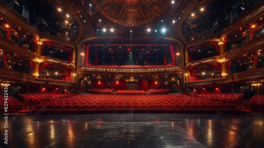 Obraz premium A theater stage captured from the balcony shows the grand, empty space with intricate architectural details and rows of plush red seats leading up to the stage, highlighting the theater's grandeur.