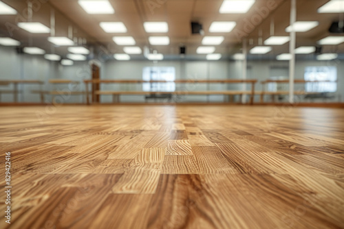 Wallpaper Mural A wooden dance floor in the foreground with a blurred background of a dance studio. The background includes mirrors covering the walls. Torontodigital.ca